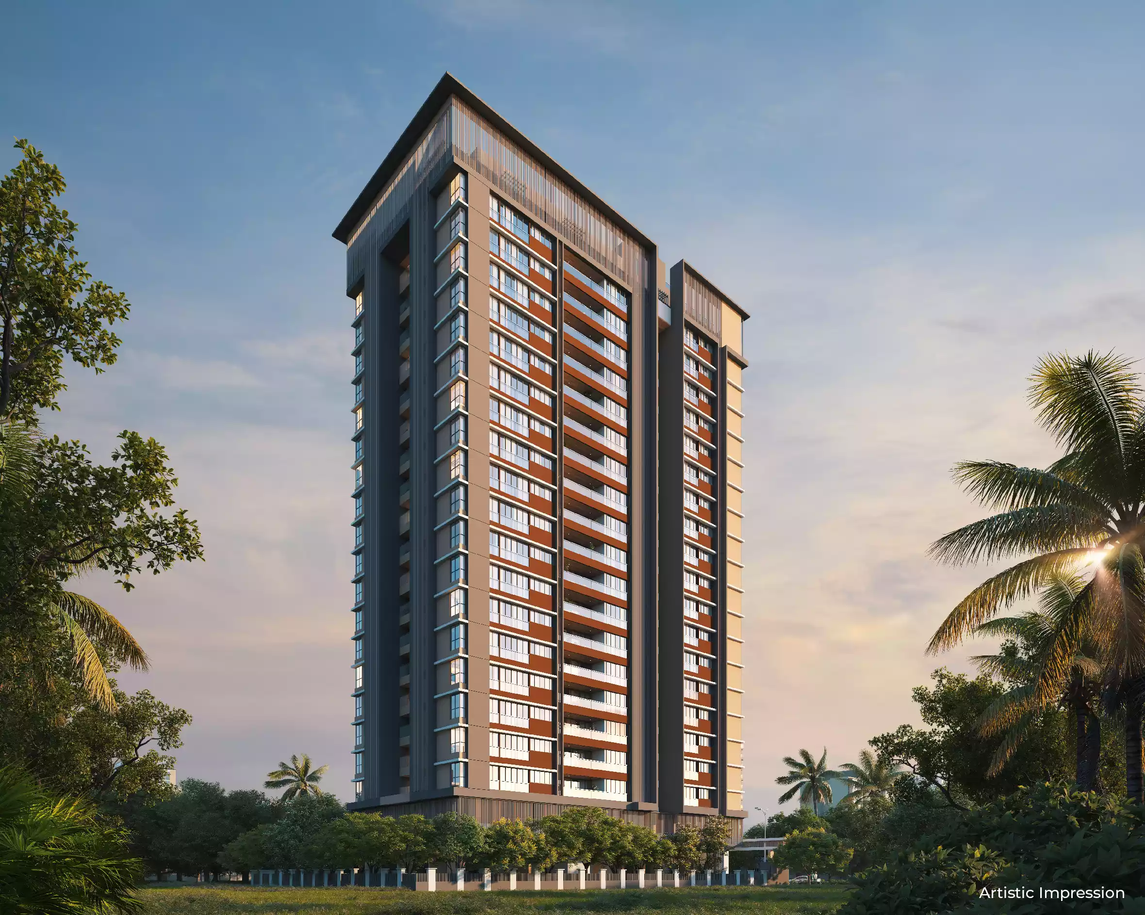 37 GRANDSTAND tower elevation at dusk, Baner Pune